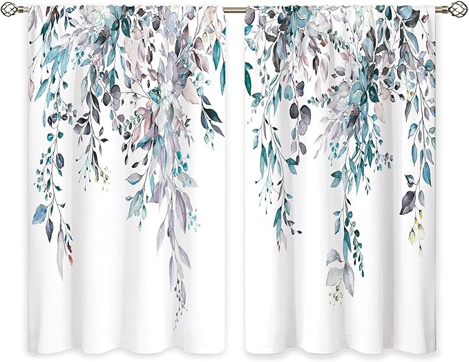 Blue Grey Eucalyptus Botanical Leaves Floral Kitchen Window Curtains Over Sink Farmhouse Flower Leaf Small Window Treatment Cafe Short Curtains for Bathroom Treatment Tier Drapes 26x24 inch
