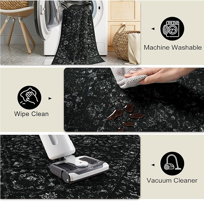 Hedlive Vintage Black Rug for Living Room 9x12, Ultra-Thin Washable Large Area Rugs for Dining Room Non Slip, Stain Resistant Bedroom Rug for Home High Traffic Area (9'x12', Black)