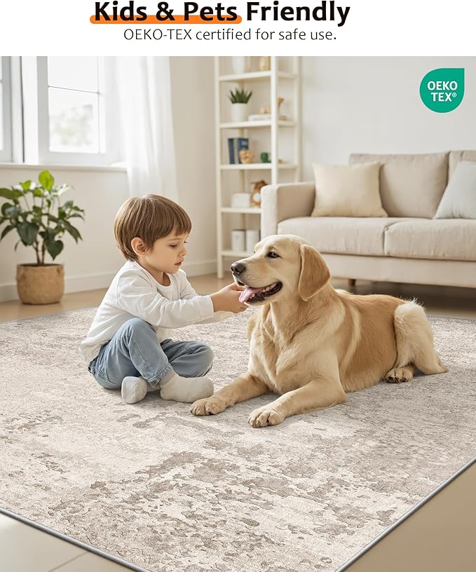 Art&Tuft Washable Rugs 9x12, Abstract Area Rugs 9x12 Living Room - Non Slip and Low Pile Soft Thin Rug for Bedroom, Dining Room, Kitchen, Office, Beige
