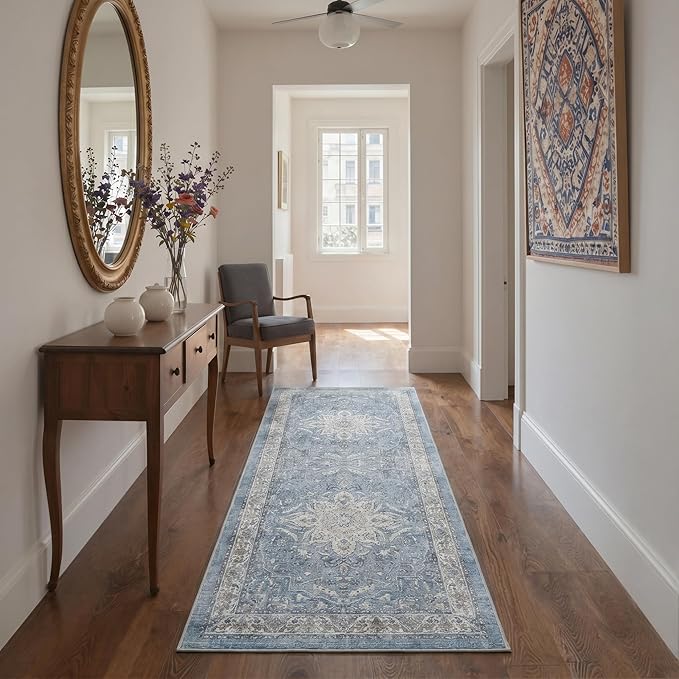 GENIMO Runner Rug for Hallways Machine Washable, 2x10 Non Slip Boho Vintage Lightweight Washable Runners, Thin Floor Rugs for Entryway Hallway Bathroom Laundry Room Corridor, Blue