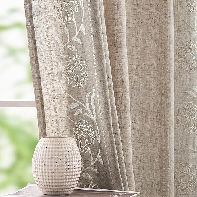 jinchan Winslow Linen Curtains for Bedroom 63 Inches Length Embroidered Bordered Floral Curtains for Living Room Farmhouse Decor Light Filtering Window Treatments Ivory on Taupe Drapes 2 Panels