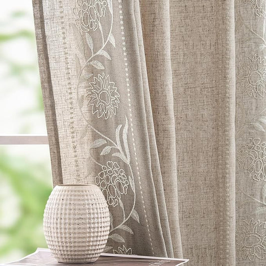 jinchan Winslow Linen Curtains for Bedroom 96 Inches Length Embroidered Bordered Floral Curtains for Living Room Farmhouse Decor Light Filtering Window Treatments Ivory on Taupe Drapes 2 Panels