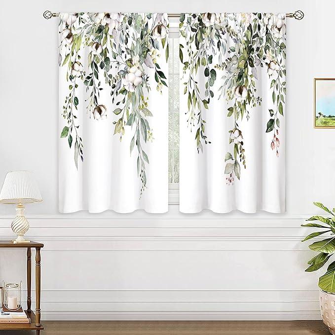 Eucalyptus Botanical Leaves Sage Green Cotton Floral Kitchen Window Curtains over Sink Farmhouse Flower Leaf Small Treatment Cafe Short Curtains for Bathroom Treatment Tier Drapes 27.5x39 inch