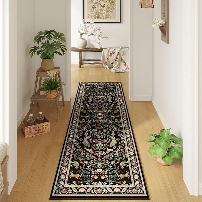 Rugcomf 2x5 Runner Rug - Floral Machine Washable Kitchen Rug, Non-Slip Low Pile Boho Carpet for Hallways, Laundry, Entryway, Bedroom, Bathroom - Vibrant Black
