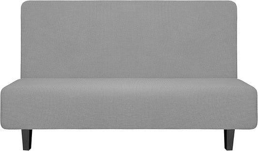 Easy-Going Stretch Futon Slipcover Armless Futon Bed Cover Furniture Protector Without Armrests with Elastic Bottom for Kids, Soft Jacquard Fabric Small Checks (Medium, Light Gray)