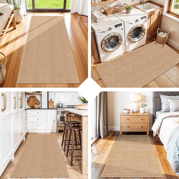 Easy Jute 2x5 Runner Rug: Non Slip Solid Color Low Pile Indoor Doormat - Machine Washable Entryway Kitchen Bathroom - Carpet for Dorms Small Spaces Ideal for Young Families First Home (Beige,2x5)