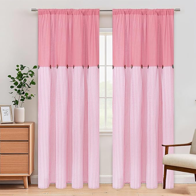 ASPMIZ Cotton Linen Pink Curtains for Girls Living Room, Rod Pocket & Back Tab Boho Curtains for Bedroom, Country Farmhouse Striped Curtain with Rustic Buttons, Home Decor, 52 x 84 Inch, 2 Panels