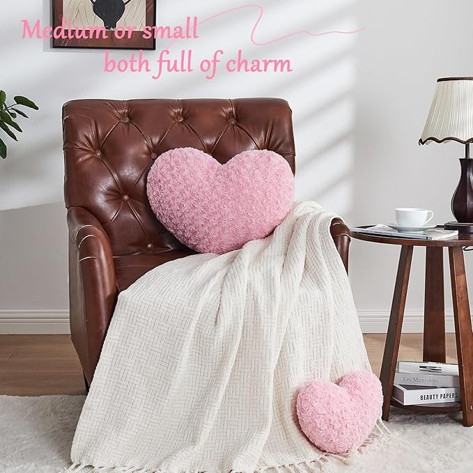 Heart Pillow Pink Throw Pillows, Soft Fluffy Decorative Pillows for Bed Couch Chair, Cute Heart Shaped Room Decor Gifts for Valentine Anniversary Birthday Mothers Christmas (Medium, 20"x15")
