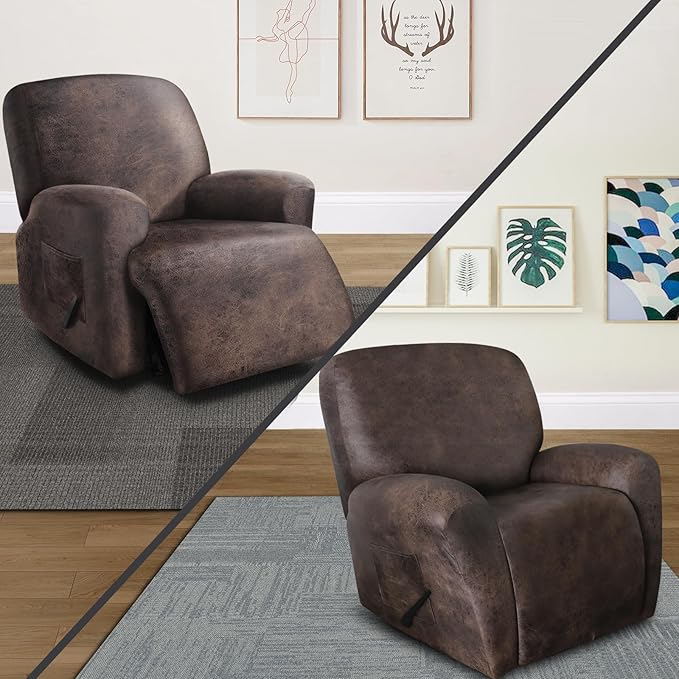 ANARACHON Recliner Chair Covers Leather Like, 4 Pieces Recliner Cover for Recliner Chair, Soft Sofa Slipcover Furniture Protector Washable Sofa Cover for Pets Kids (X-Large, Dark Brown)