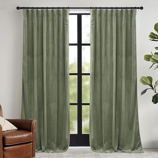 RYB HOME Sage Green Velvet Curtains 92 inches with Hook Belt, Soft Fabric Room Darkening Thermal Insulated Luxurious Home Decor Curtains for Living Room Bedroom, W 52" x L 92", 2 Panels Set