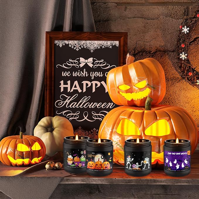 Halloween Scented Candles Set of 4 (7oz Each) – Spooky Aromatherapy Soy Wax Candles with Bat & Ghost Designs, Smokeless for All Saints' Day, Home Decor & Festive Gifts