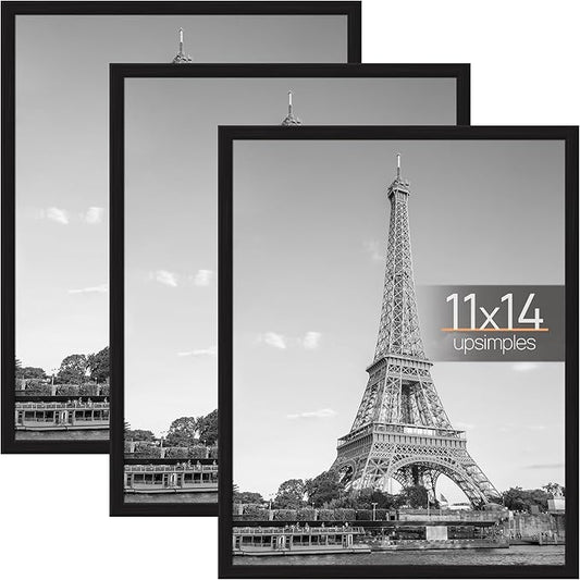 upsimples 11x14 Picture Frame Black 3 Pack, Scratch-Proof Poster Frames 11 x 14 for Photo Gallery - Slide-In Strips, Horizontal or Vertical Wall Mounting