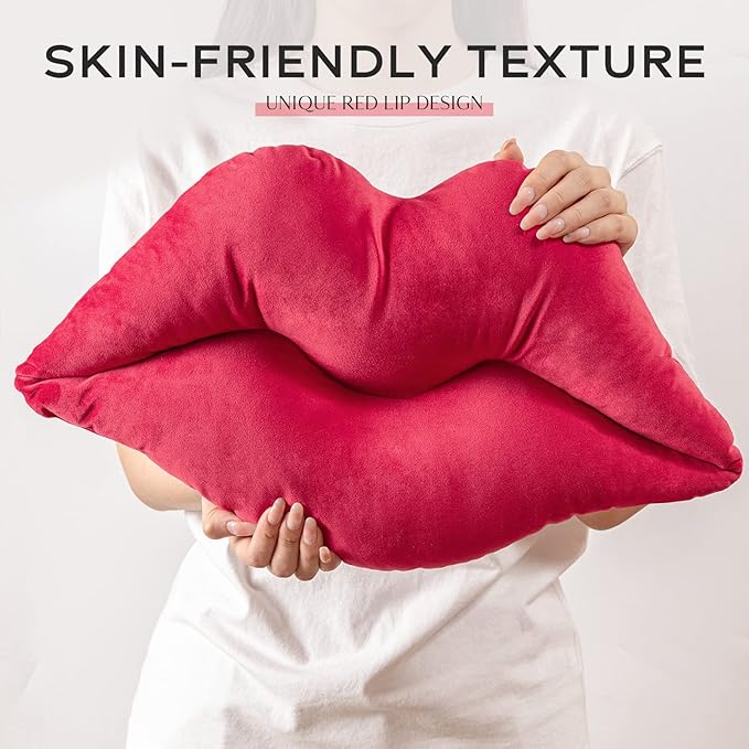 Ashler Lips Throw Pillows Smooth Soft Velvet Insert Included, Lip Shaped Pillow for Bed Living Room, Dark Red, 24 X 12 inches