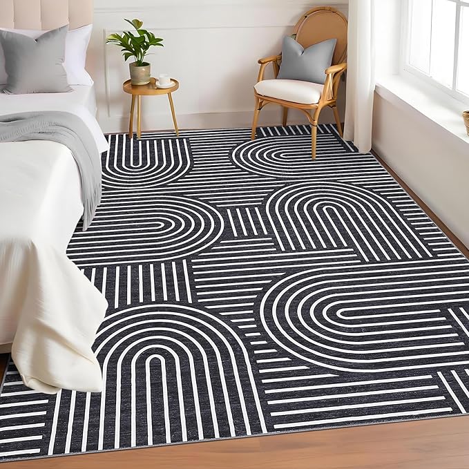 ROYHOME Washable Rug 3x5 Area Rugs for Living Room, Abstract Rug for Bedroom, Soft Rainbow Non Slip Throw Rugs with Rubber Back, Low Pile Stain Resistant Boho Geometric Carpet for Dining Room, Black