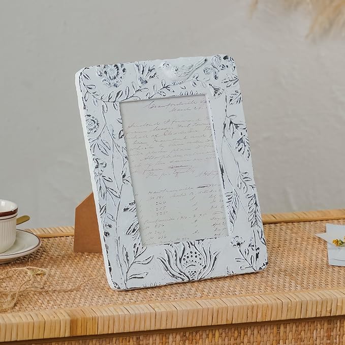 NIKKY HOME Farmhouse 5x7 Picture Frame Boho Photo Frame with 3D Botanical Leaf and Bird Textured and Rustic Whitewashed Finish, Hand-Crafted Resin Picture Frames with HD Glass for Tabletop Display