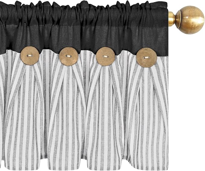 ASPMIZ Cotton Linen Kitchen Valance Curtains, Boho Rustic Button Linen Valances for Windows Farmhouse, Black with Grey Stripe Valance Window Topper Treatment Window Valances for Bathroom, 52 x 18 Inch