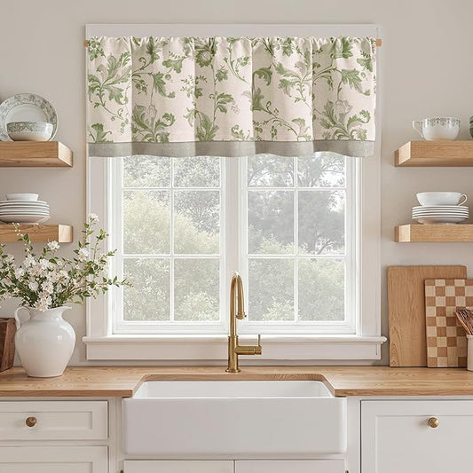 jinchan Linen Valance Curtain Farmhouse Window Decor Floral Print for Kitchen Living Room Double Layer Blackout Valance 18 Inches Rustic Window Treatment 1 Panel Rod Pocket Geen on Beige