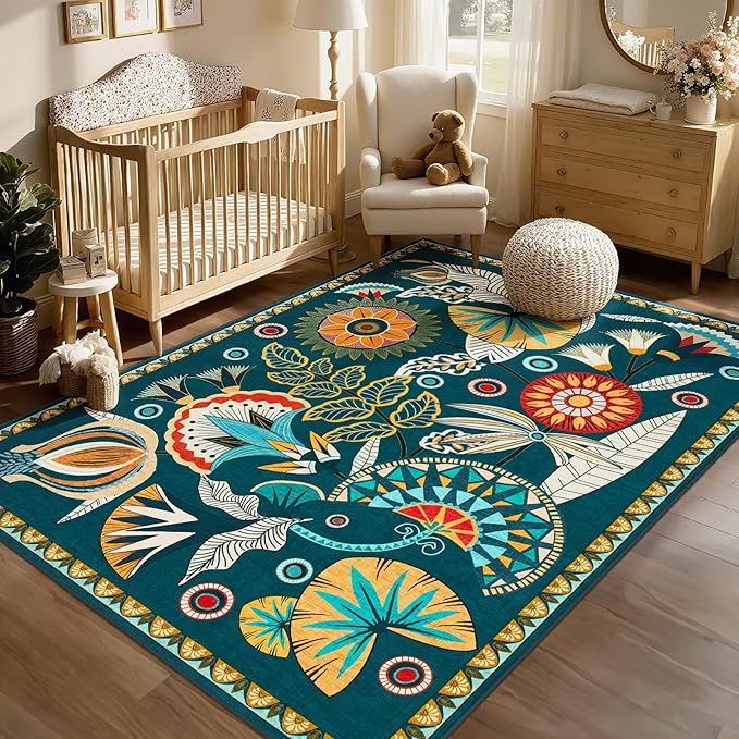 Joydeco Egypt Floral Machine Washable Living Room Area Rugs 5x7, Boho Vintage Dark Green Rug for Bedroom Nursery, Non Slip Ultra-Thin Throw Carpet for Playroom Dining Room Classroom