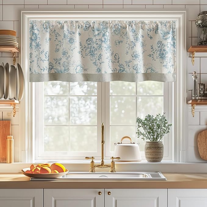 jinchan Linen Floral Valance Double Layer Kitchen Window Curtain Blue Flower on Beige Valance for Living Room Cafe Farmhouse Light Filtering Rustic Country Curtain 18 Inch Rod Pocket 1 Panel