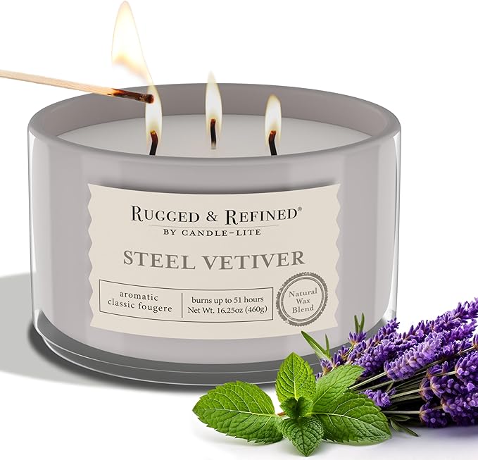 Candle-Lite Scented Candles for Men, Steel Vetiver Fragrance, 16.25 oz Jar, 3-Wick, 51 Hours of Burn Time, Masculine Aromatherapy with Long Lasting Scent, Ideal Gift for Father's Day and Home Decor