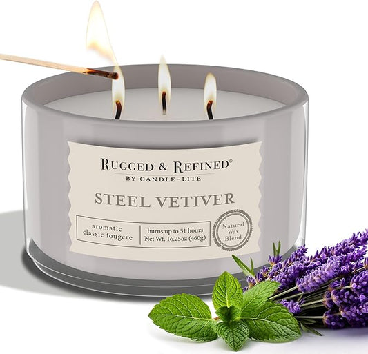 Candle-Lite Scented Candles for Men, Steel Vetiver Fragrance, 16.25 oz Jar, 3-Wick, 51 Hours of Burn Time, Masculine Aromatherapy with Long Lasting Scent, Ideal Gift for Father's Day and Home Decor