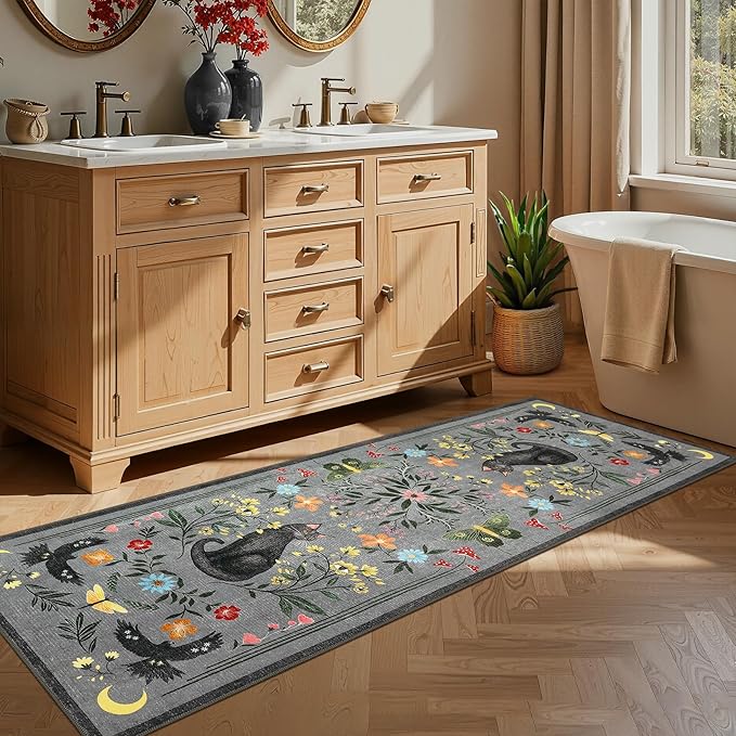 GarveeHome 2x6 Cat Washable Runner Rug for Kitchen, Soft Grey Hallway Runner Non Slip Mushroom Moths Entryway Rug Floral Laundry Mat Stain Resistant Carpet for Bedroom Bathroom Beside Rug