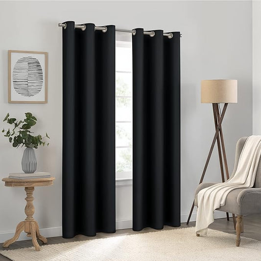 ECLIPSE Kendall Solid Textured Blackout Thermal Insulated Lining Grommet Window Curtain for Bedroom (1 Panel), 42 in x 63 in, Black