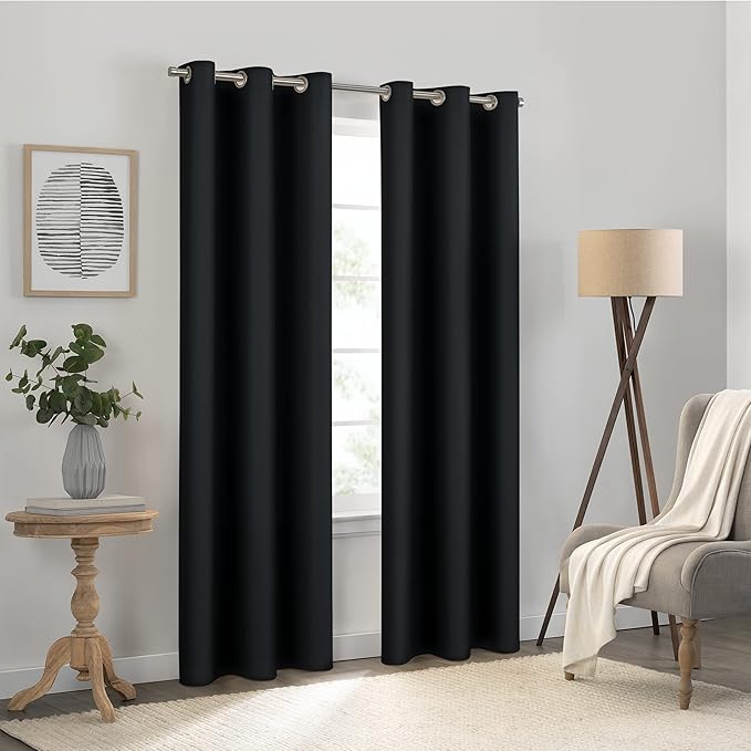 Eclipse Kendall Solid Textured Blackout Thermal Insulated Lining Grommet Window Curtain for Bedroom (1 Panel), 42 in x 84 in, Black