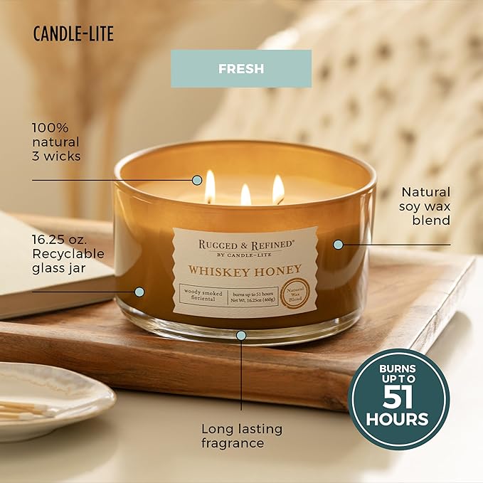 Candle-Lite Scented Candles for Men, Whiskey Honey Fragrance, 16.25 oz Jar, 3-Wick, 51 Hours of Burn Time, Masculine Aromatherapy with Long Lasting Scent, Ideal Gift for Father's Day and Home Decor