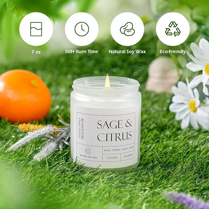 Sage & Citrus Scented Candles, Aromatherapy Jar Candle, 7 oz Long Lasting Candles, Soy Wax Candle Gift for Women