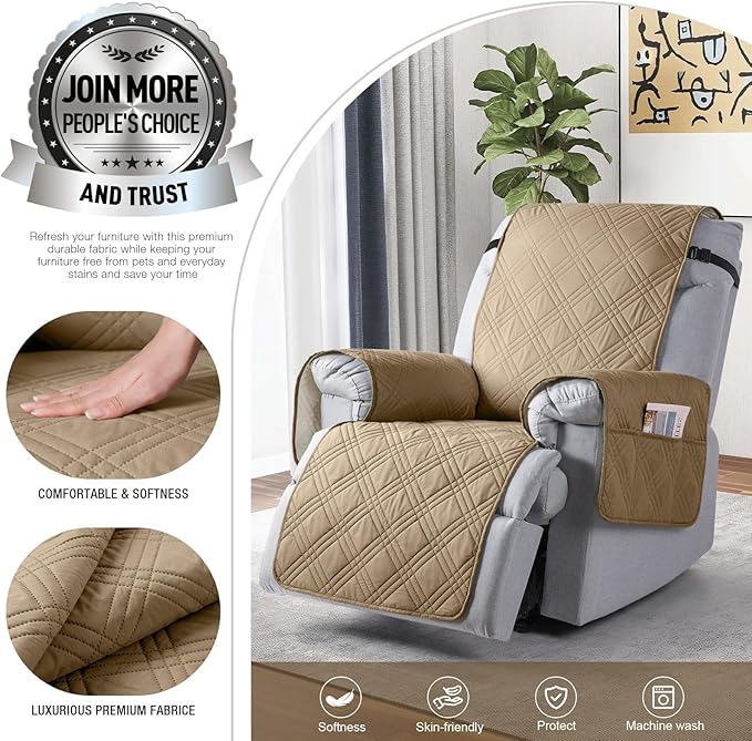 TAOCOCO Waterproof Recliner Chair Cover, Non Slip Oversized Recliner Covers for Recliner Chair with Pocket, Reclining Chair Cover Furniture Protector for Kids, Dogs(28'', Camel)