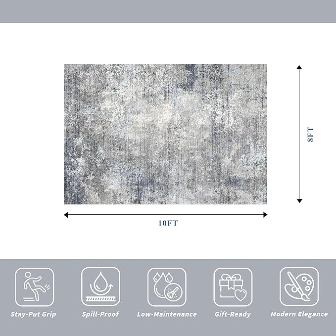 8x10 Washable Living Room Rug – Modern Neutral Abstract Large Area Rug for Bedroom Dining Room Kitchen Home Office Under Table – Non-Slip Low Pile Soft Thin Indoor Carpet（Blue Grey,8x10）