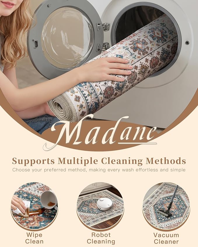 Madane Washable Rug 8x10 Area Rugs for Living Room, Ultra-Thin Non-Slip Backing Rug, Stain Resistant Vintage Large Area Rug for Bedroom (Navy Blue, 8'x10')
