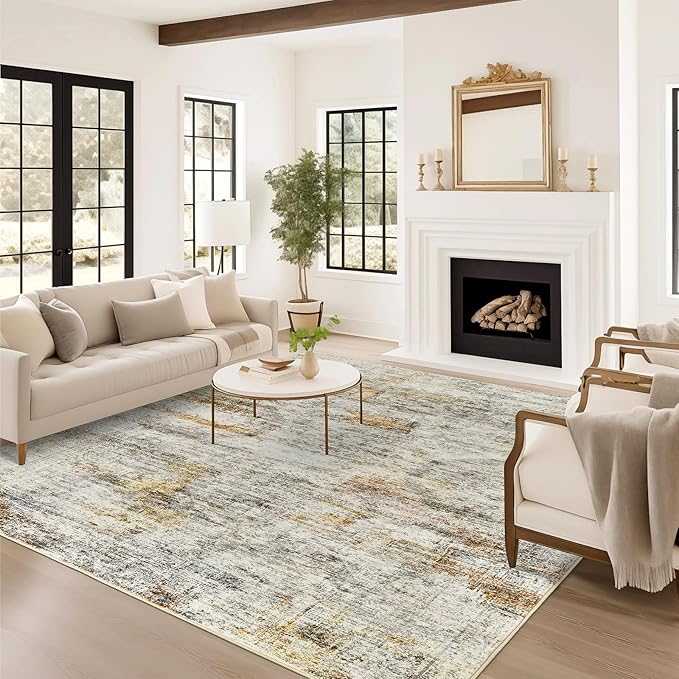 Soalmost 5x7 Area Rugs Gray Rust Low Pile Indoor Washable Trendy Faded Style Rugs for Bedroom Living Room Dining Room Foldable Non-Slip Thin Print Mat