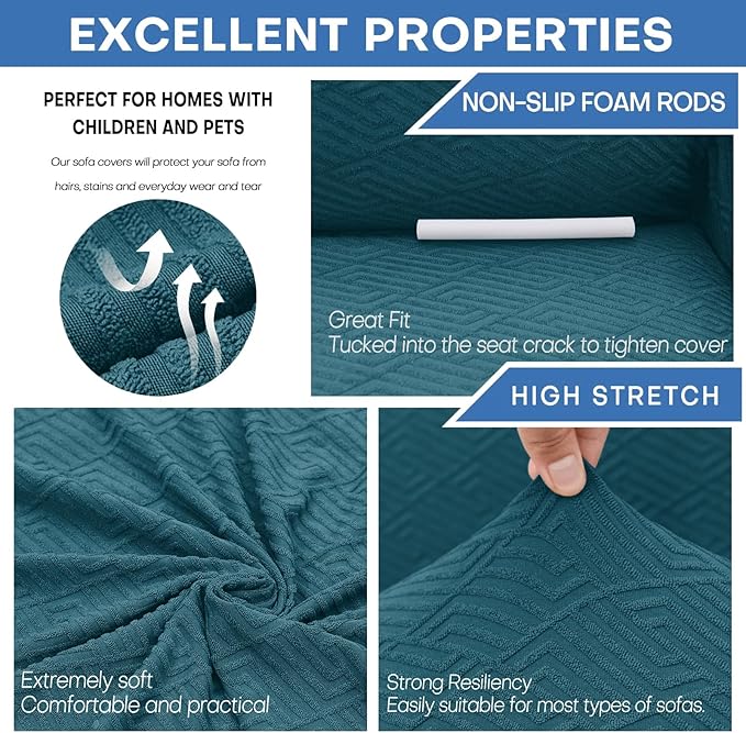 XINEAGE New Extra Large Couch Cover for 3 Cushion Couch (91"-110") 1 Piece Stretch Oversized Sofa Slipcovers Jacquard 4 Seater Furniture Protector Elastic Bottom for Kids,Pet (XL Sofa, Peacock Blue)