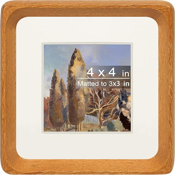 Square 4x4 Picture Frame with Mat for 3x3, Natural Teak Wood Handcrafted Rounded Corner with Real Glass, Vertical or Horizontal Display Photo Gallery Wall & Tabletop Frame