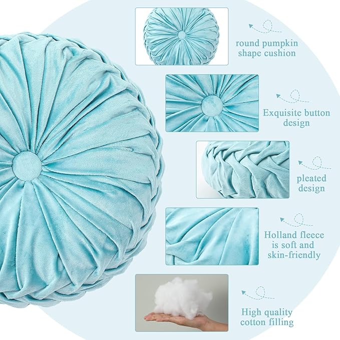 Drydiet 1 Pcs Round Throw Velvet Pillows Decorative Pleated Throw Pillows 15'' Diameter Accent Pumpkin Boho Chair Cushion for Couch Sofa Home Decoration (Aqua)