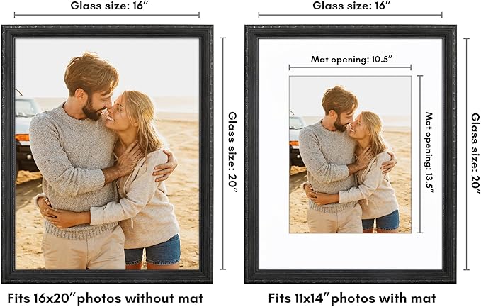 Americanflat 16x20 Picture Frame with Polished Plexiglass - Use as 11x14 Frame with Mat or Display 16x20 Photo Without Mat - Ornate Picture Frames for Wall Display - Black
