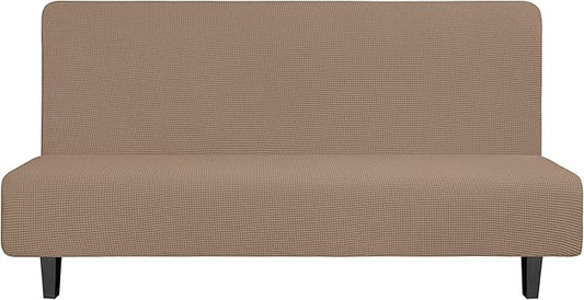 Easy-Going Stretch Futon Slipcover Armless Sofa Cover Furniture Protector Without Armrests Slipcover Soft with Elastic Bottom for Kids, Spandex Jacquard Fabric Small Checks(futon,Camel)