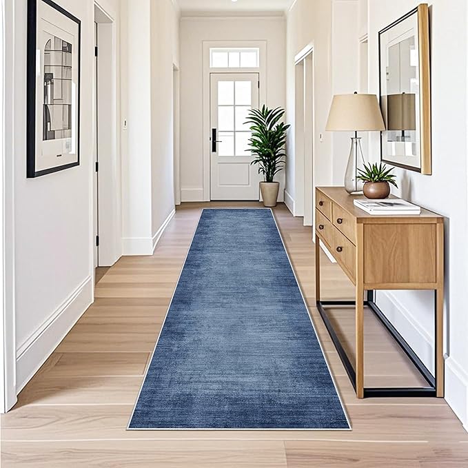 3x10 ft Long Hallway Runner Rug – Non-Slip Washable Kitchen Floor Rug with Rubber Backing, Modern Low Pile Thin Wide Carpet Runners for Bedroom, Entryway Indoor（Navy Blue,3x10）