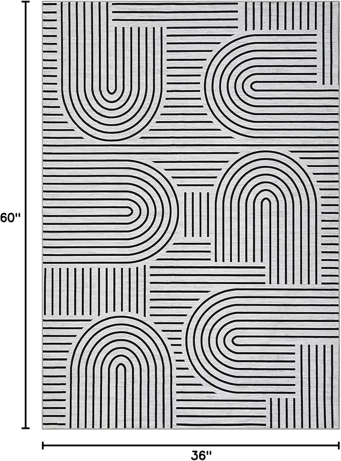 Washable Rug 3x5 Area Rugs for Living Room, Abstract Rug for Bedroom, Soft Rainbow Non Slip Throw Rugs with Rubber Back, Low Pile Stain Resistant Boho Geometric Carpet for Dining Room, Blackwhite