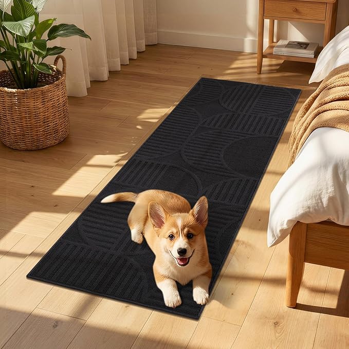 Findosom Washable Runner Rug 2x8, Geometric High-Low Textured Non Slip Hallway Runner Rug with Rubber Backing, Boho Carpet Runner for Kitchen, Bedroom, Laundry, Entryway, Bathroom, Black