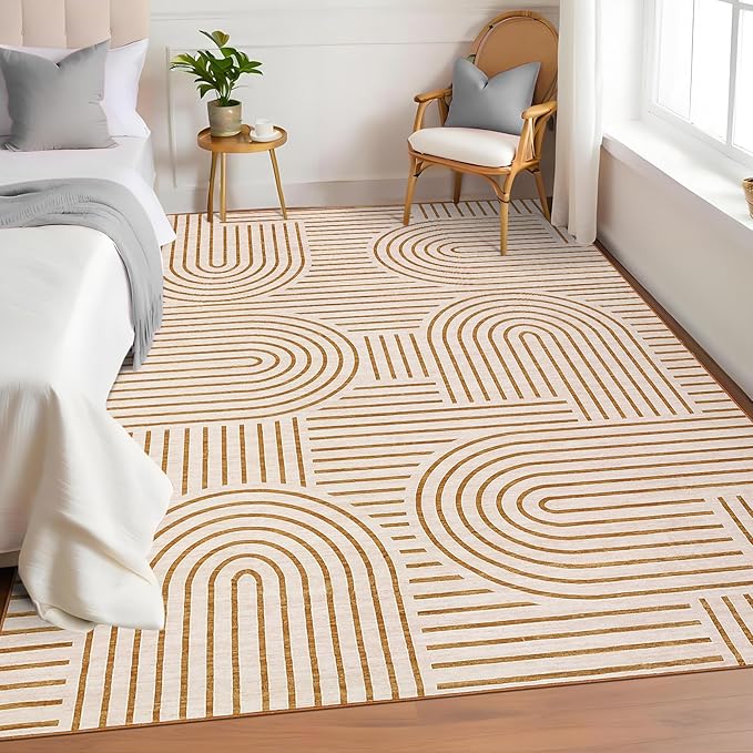 ROYHOME Washable Rug 4x6 Area Rugs for Living Room, Abstract Rug for Bedroom, Soft Rainbow Non Slip Throw Rugs with Rubber Back, Low Pile Stain Resistant Boho Geometric Carpet for Dining Room,Orange