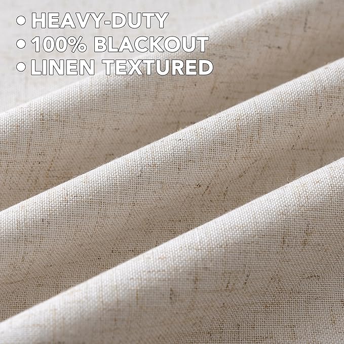 H.VERSAILTEX Linen Curtains 100% Blackout Curtains for Bedroom 45 inch Long Full Light Blocking Nature Linen Blended Window Curtains for Living Room Nickel Grommet (2 Panels, Heathered Natural)