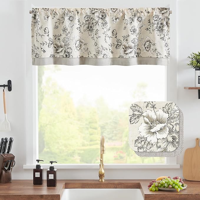 jinchan Polyester Blend Valance Curtain Farmhouse Window Decor Floral Print for Kitchen Living Room Double Layer Light Filtering Valance 16 Inches Window Treatment 1 Panel Rod Pocket Black on Beige