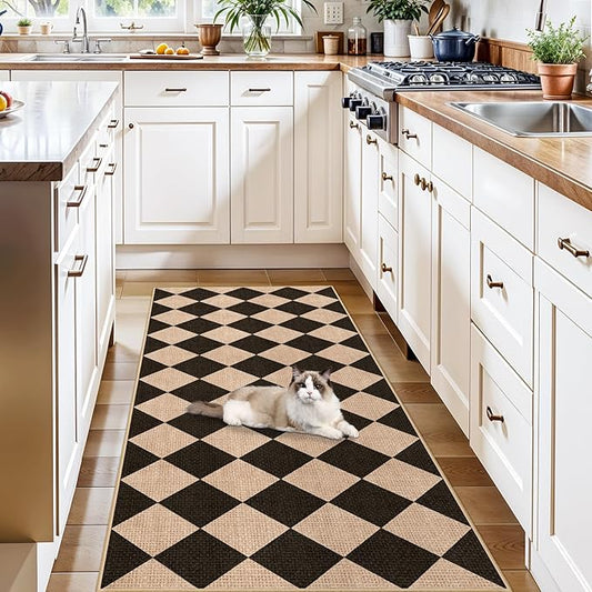 Easy Jute 2x5 Runner Rug: Non Slip Checkered Low Pile Indoor Doormat - Machine Washable Entryway Kitchen Bathroom - Carpet for Dorms Small Spaces Ideal for Young Families First Home (Black/Brown,2x5)