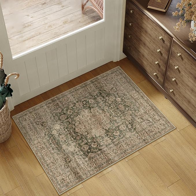 2x3 Washable Area Rug Green Brown Vintage Non Slip Soft Low Pile Small Rug for Entryway Kitchen Bathroom Distressed Oriental Throw Carpet for Living Room Bedroom Home Decor
