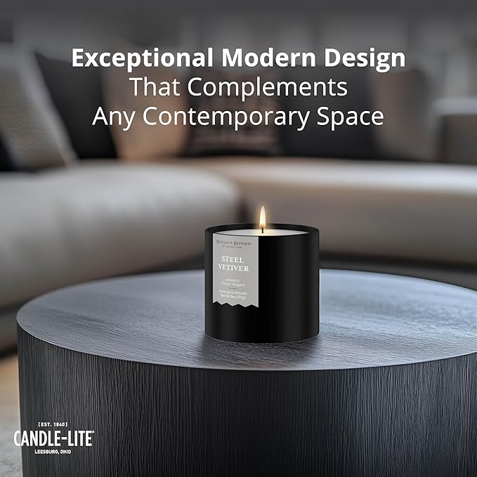 Candle-lite Rugged & Refined Scented Candle for Men, Steel Vetiver, 9 oz Tin, Poured in The USA, Masculine Fragrance, 1-Wick, 58 Hours of Burn Time, Ideal Gift for Man in Your Life & Father's Day