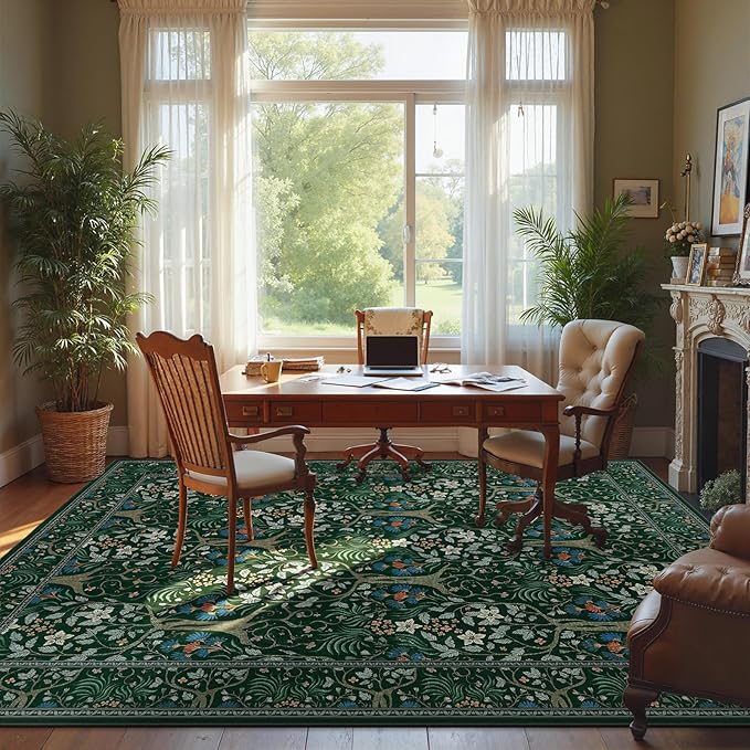Joydeco Dark Green Area Rugs 8x10, Washable Boho Floral Rug for Bedroom Non Slip, Soft Large Low-Pile Botanical Forest Indoor Floor Throw Carpet for Nursery Dining Living Room Office