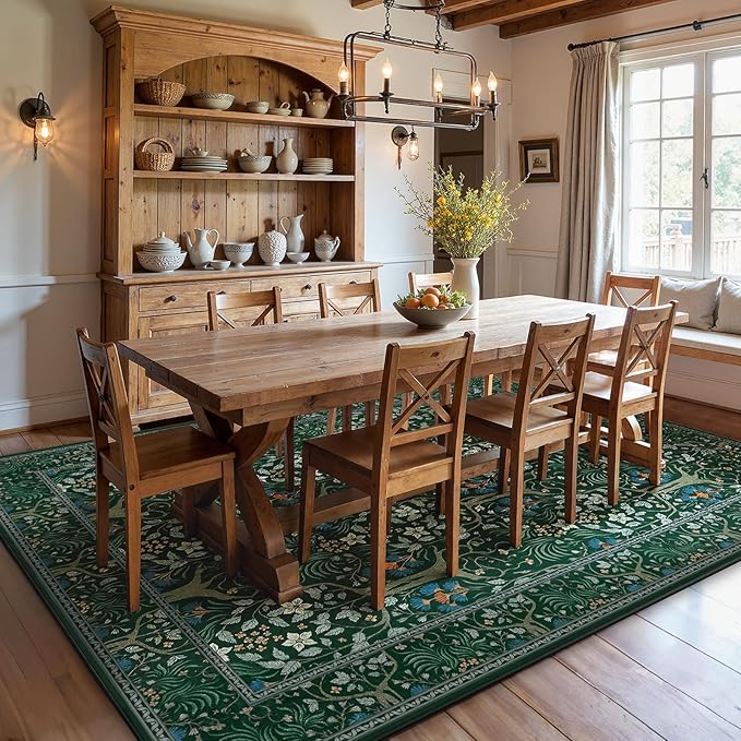 Joydeco Dark Green Area Rugs 8x10, Washable Boho Floral Rug for Bedroom Non Slip, Soft Large Low-Pile Botanical Forest Indoor Floor Throw Carpet for Nursery Dining Living Room Office